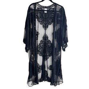 Duster Kimono Size 2XL-3XL Black Floral Embroidered Mesh festival Cardigan
